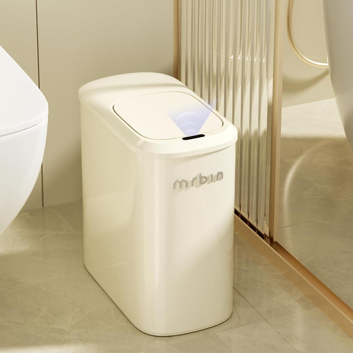 MRBIN Motion Sensor Bathroom Metal Trash Can with Lid and Wheels, 10L/2.6gal Automatic Removable