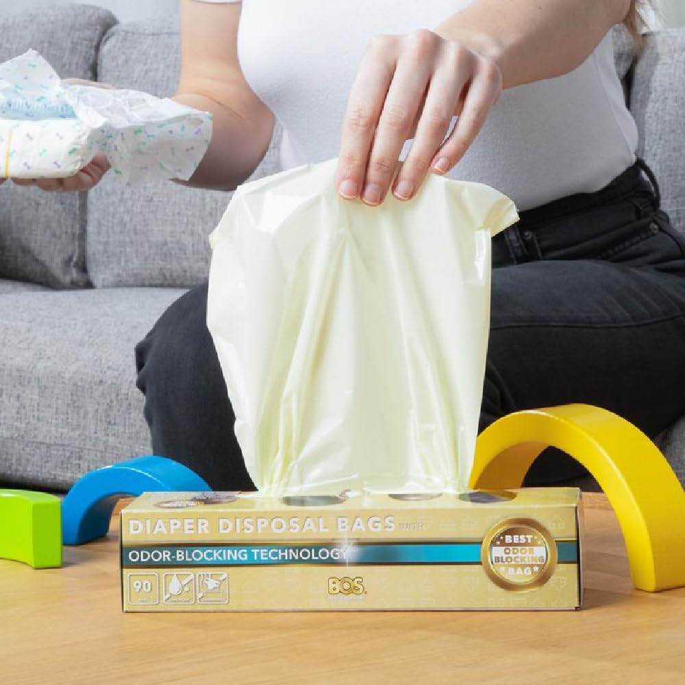 BOS, Odor-Sealing Dirty Diaper Trash Bags - Disposable Bags - Scent & Smell Free (Color: Cream