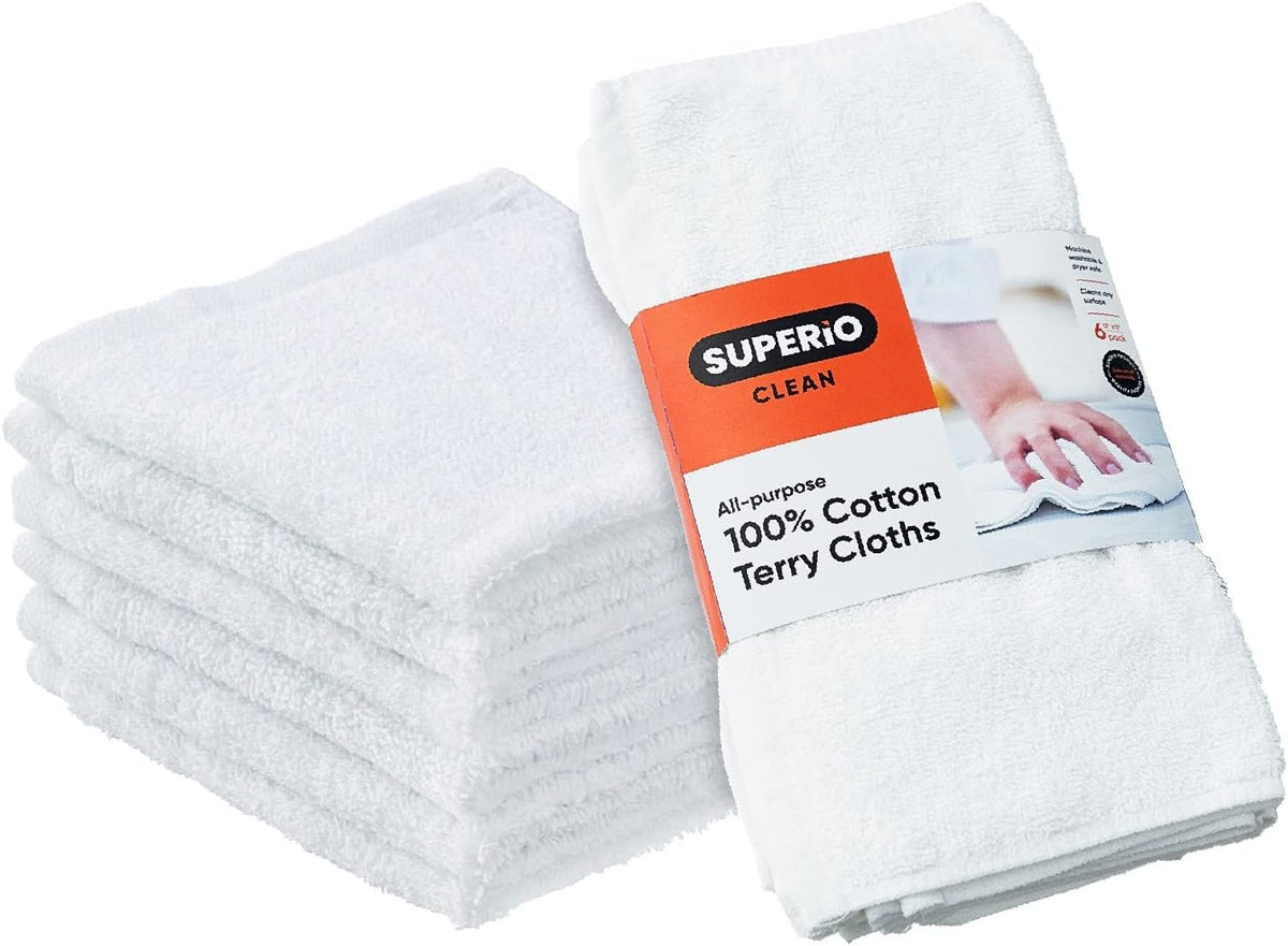 Superio Terry Cloth Rags White Washcloths 100% Cotton 12" Cleaning Cloths, Kitchen Towels, Facial