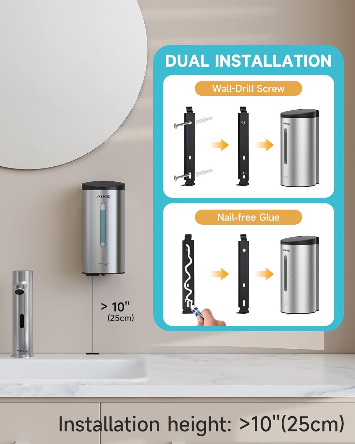 AIKE Automatic Wall Mount Liquid Soap Dispenser, Commercial Stainless Steel with 25oz Large