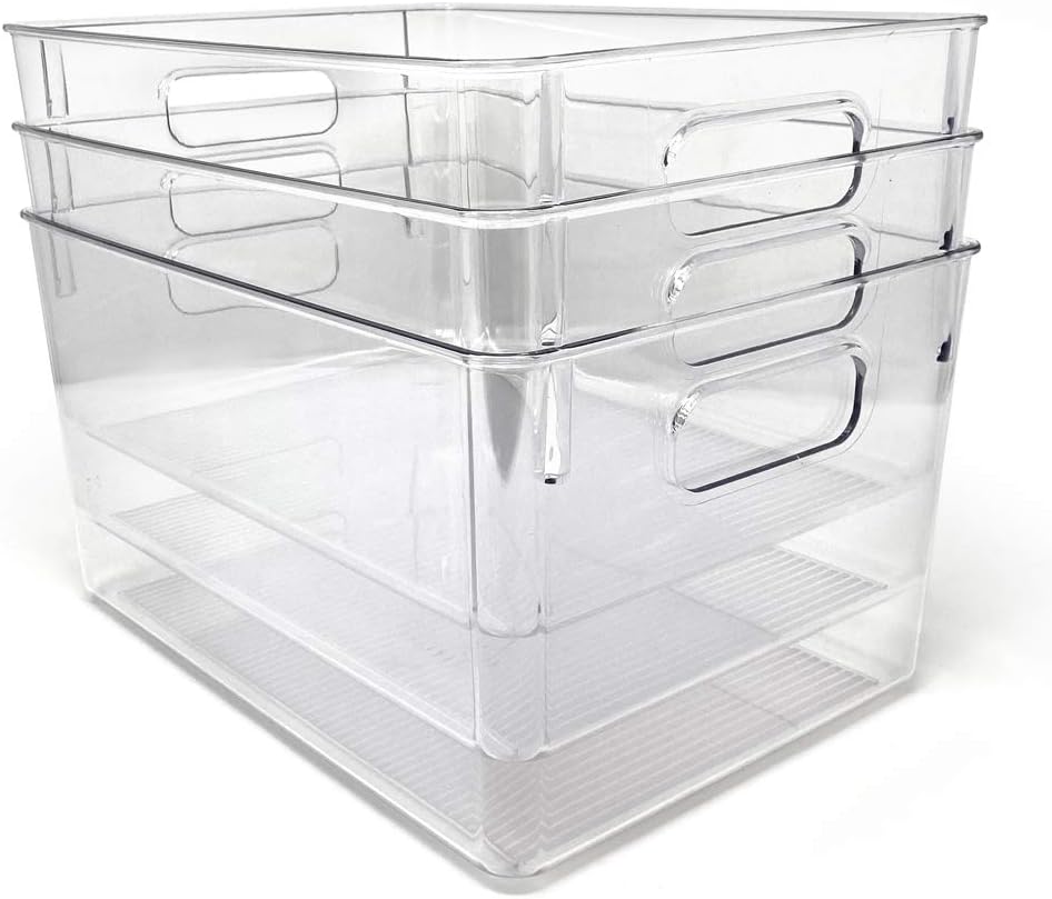 Isaac Jacobs 3-Pack Large Clear Storage Bins with Handles, Plastic Organizer for Home, Room