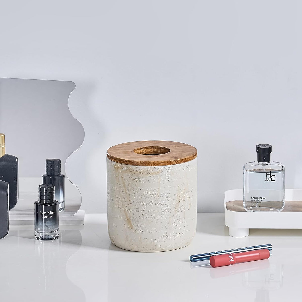 Natural Travertine Textures Beige Mini Trash Can with Bamboo Lid,Small Countertop Trash Can for