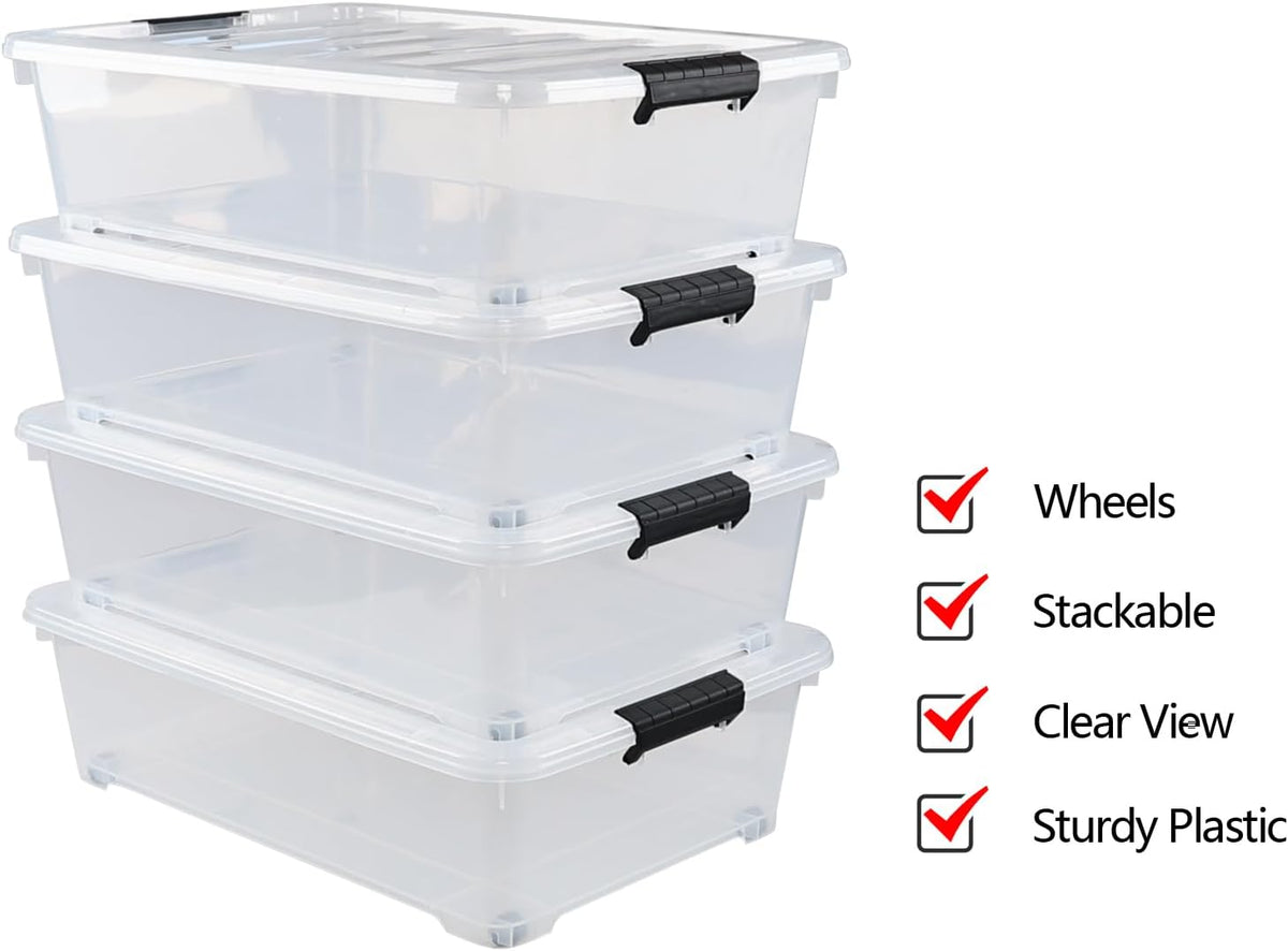 25 L Plastic Sturdy Rolling Under Bed Storage Container Bins, Clear Underbed Storage with Latching
