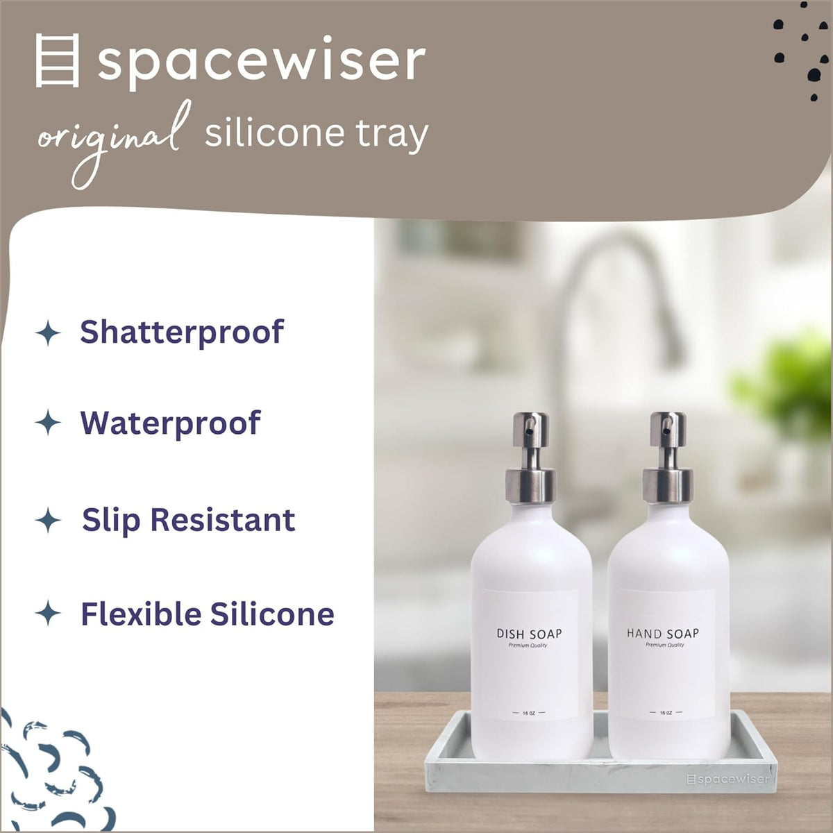 Countertop and Vanity Tray - Small 7.7” Silicone Tray for Soap Dispenser Bottles, Sponge Holder for