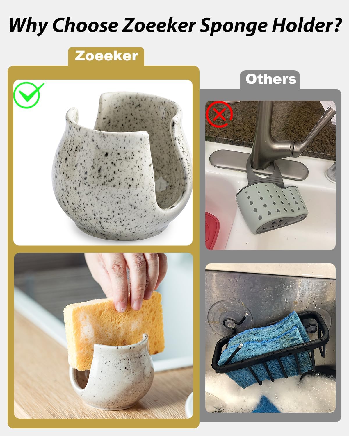 Sponge Holder for Kitchen Sink, Ceramic Dish Sponge Dish Rack Scrubby Caddy Kitchen Organizer Cute