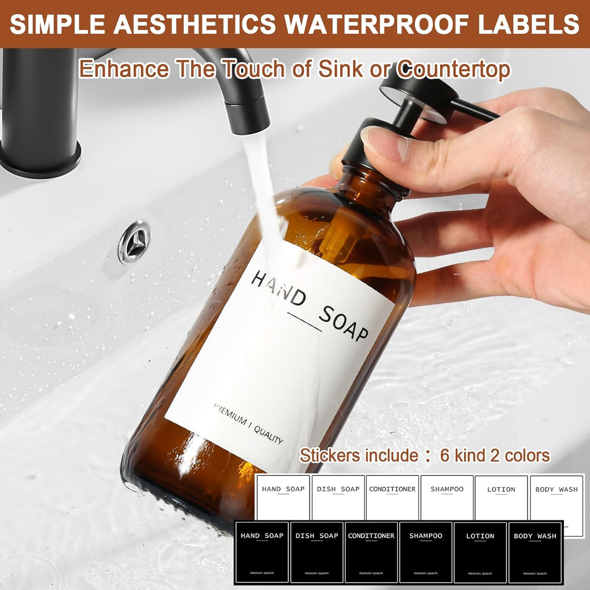 Amber Glass Soap Dispenser 2 Pack, Hand Soap Dispenser Bathroom with Stainless Steel Pump, 16.9 Fl