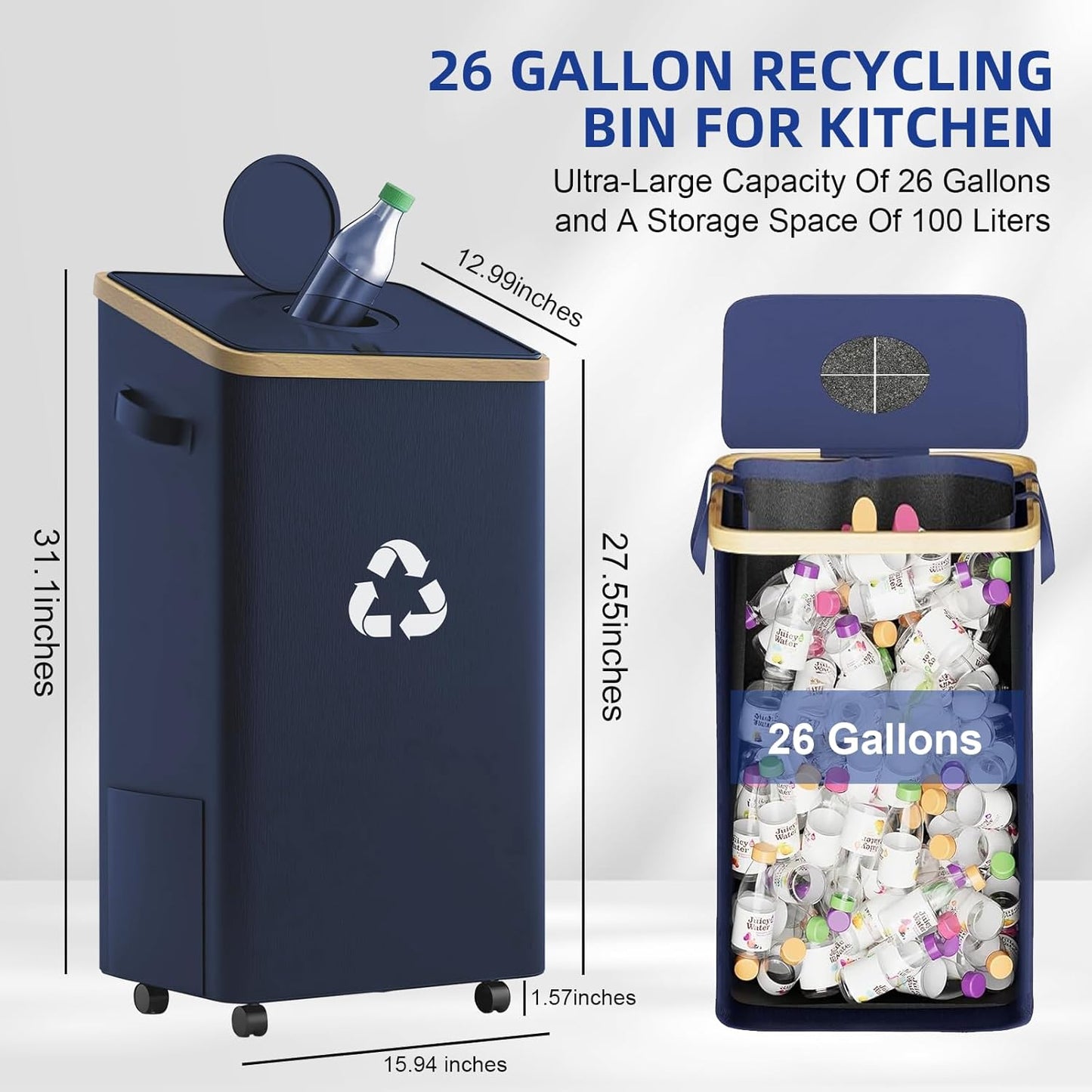 26 Gallon Recycling Bin for Kitchen, 100L Recycle Bin with Lid, Recycle Bins for Kitchen with 4