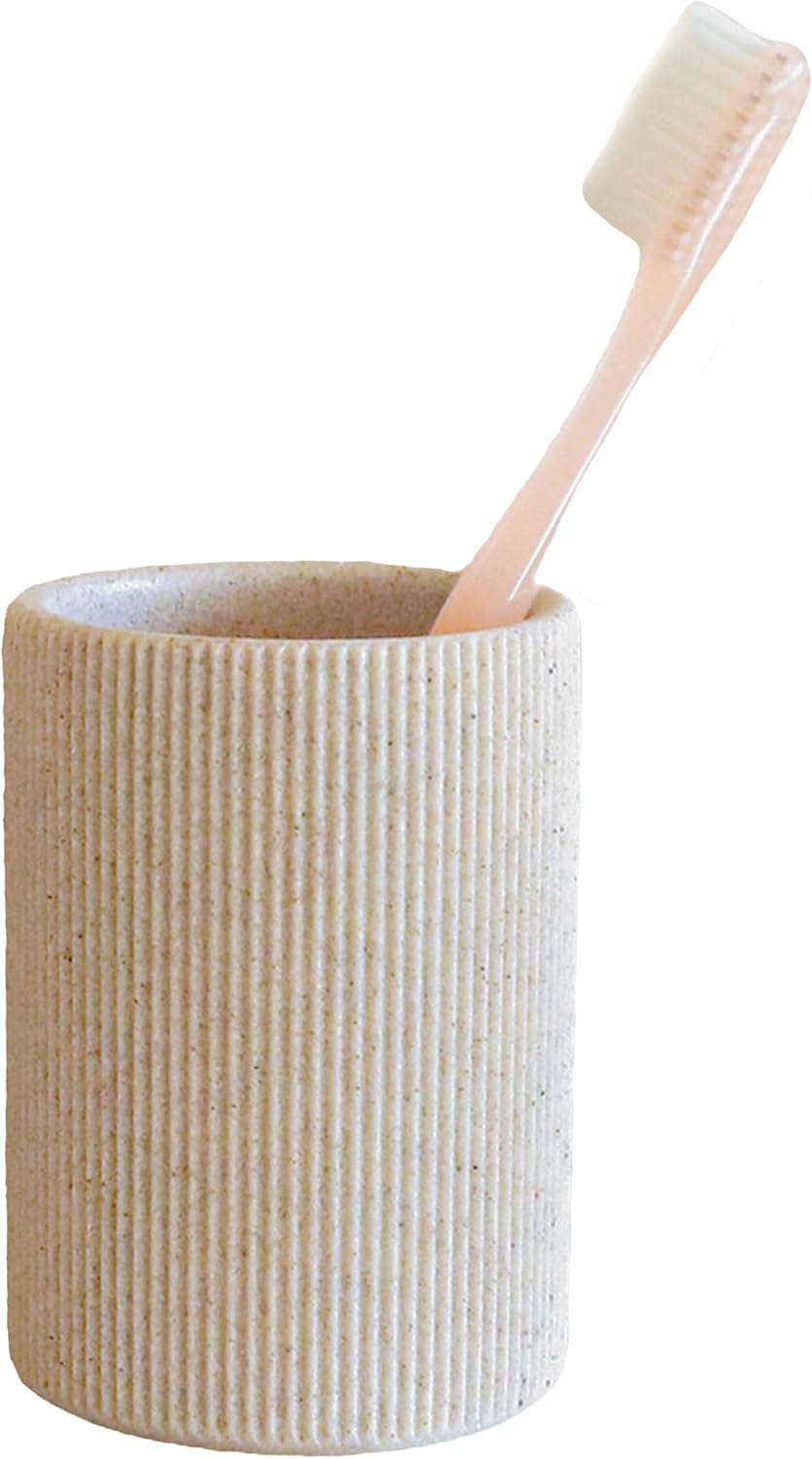 Small Sand Beige Toothbrush Holder for Bathroom Countertop, Modern Boho Farmhouse Style