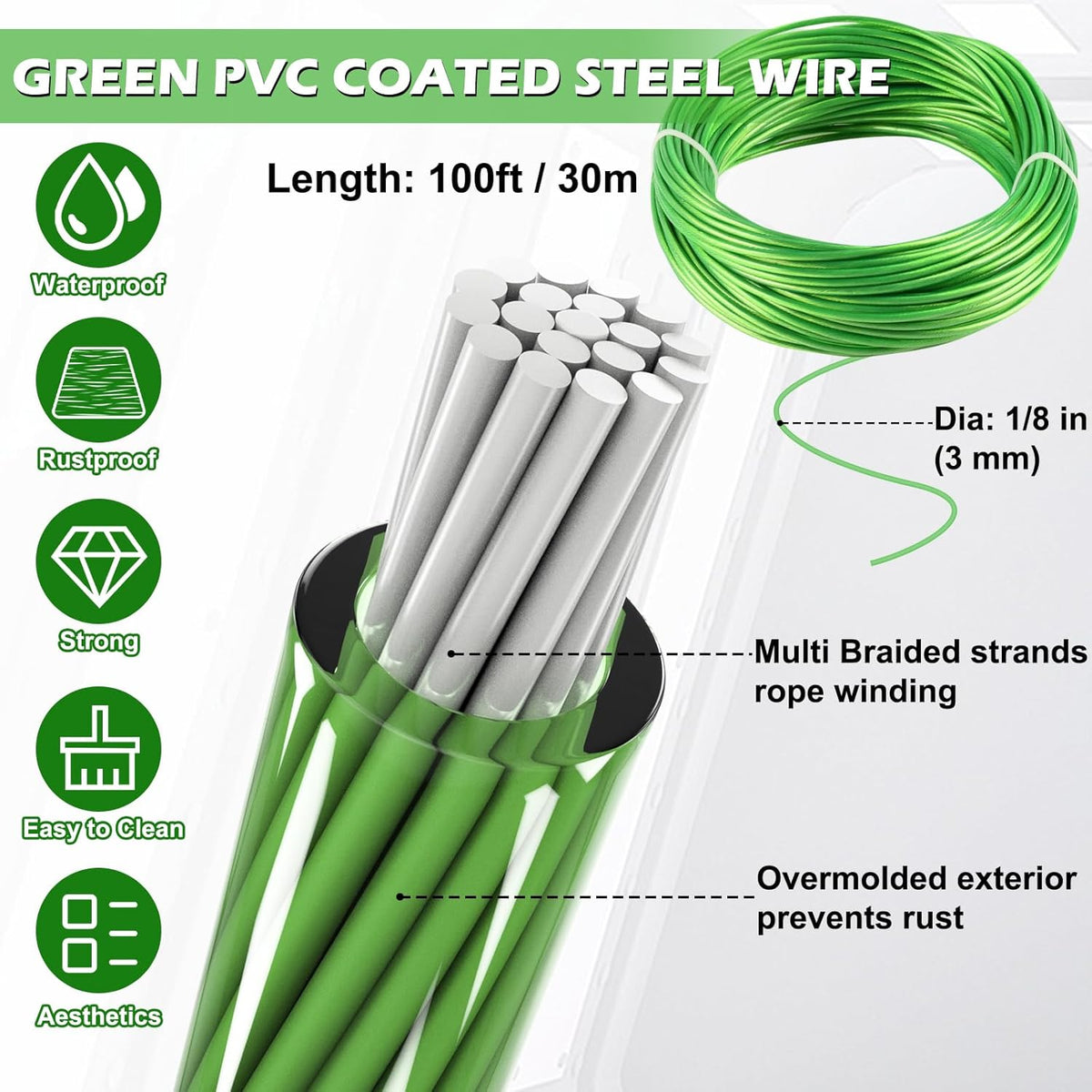 Turnbuckles for Cables Wire, 1/8" X 100Ft Green PVC Coated Wire Rope Kit, Multi-use Steel Cable for