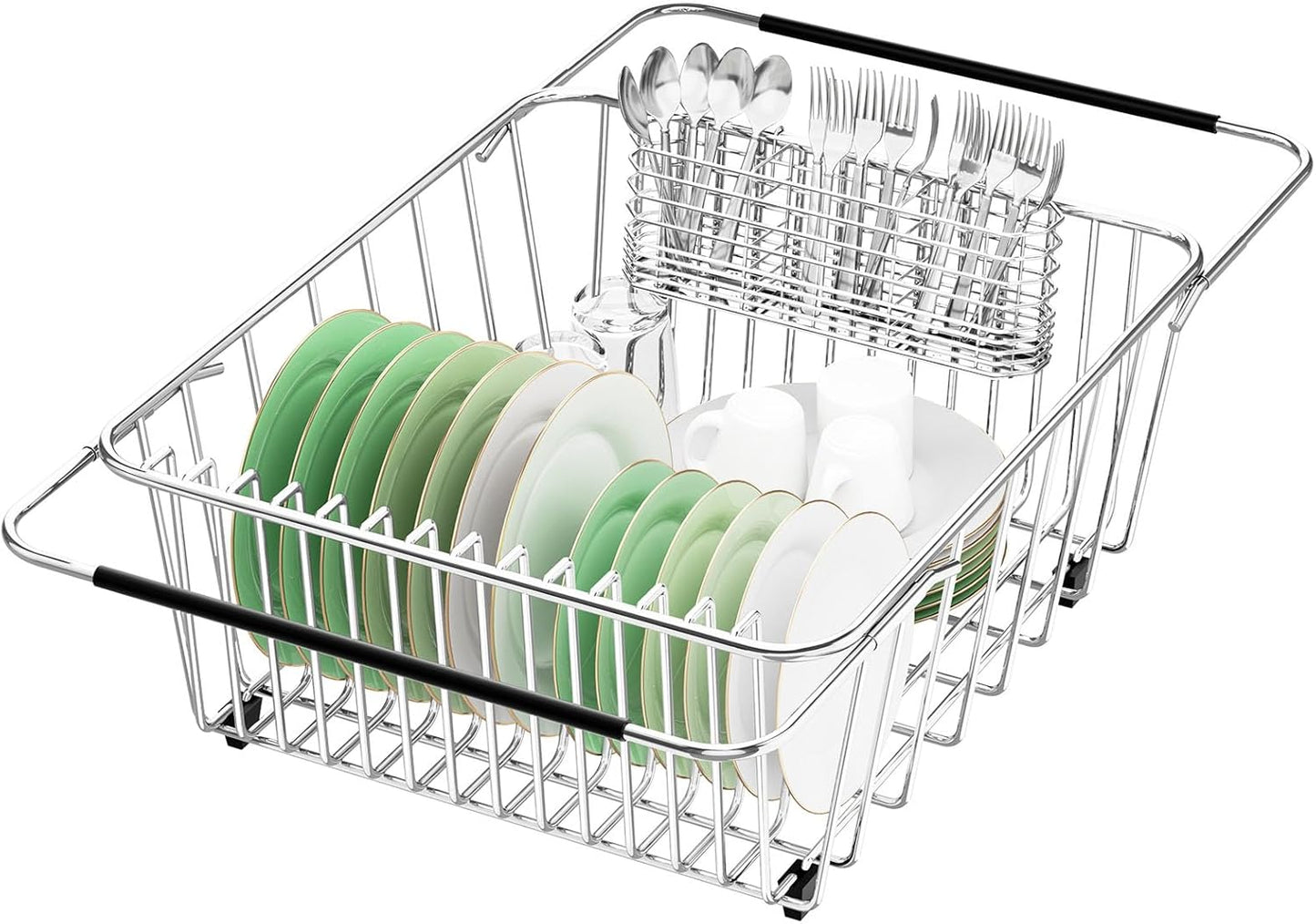 Large Sink Dish Drying Rack, Expandable 304 Stainless Steel Metal Dish Drainer Rack Organizer
