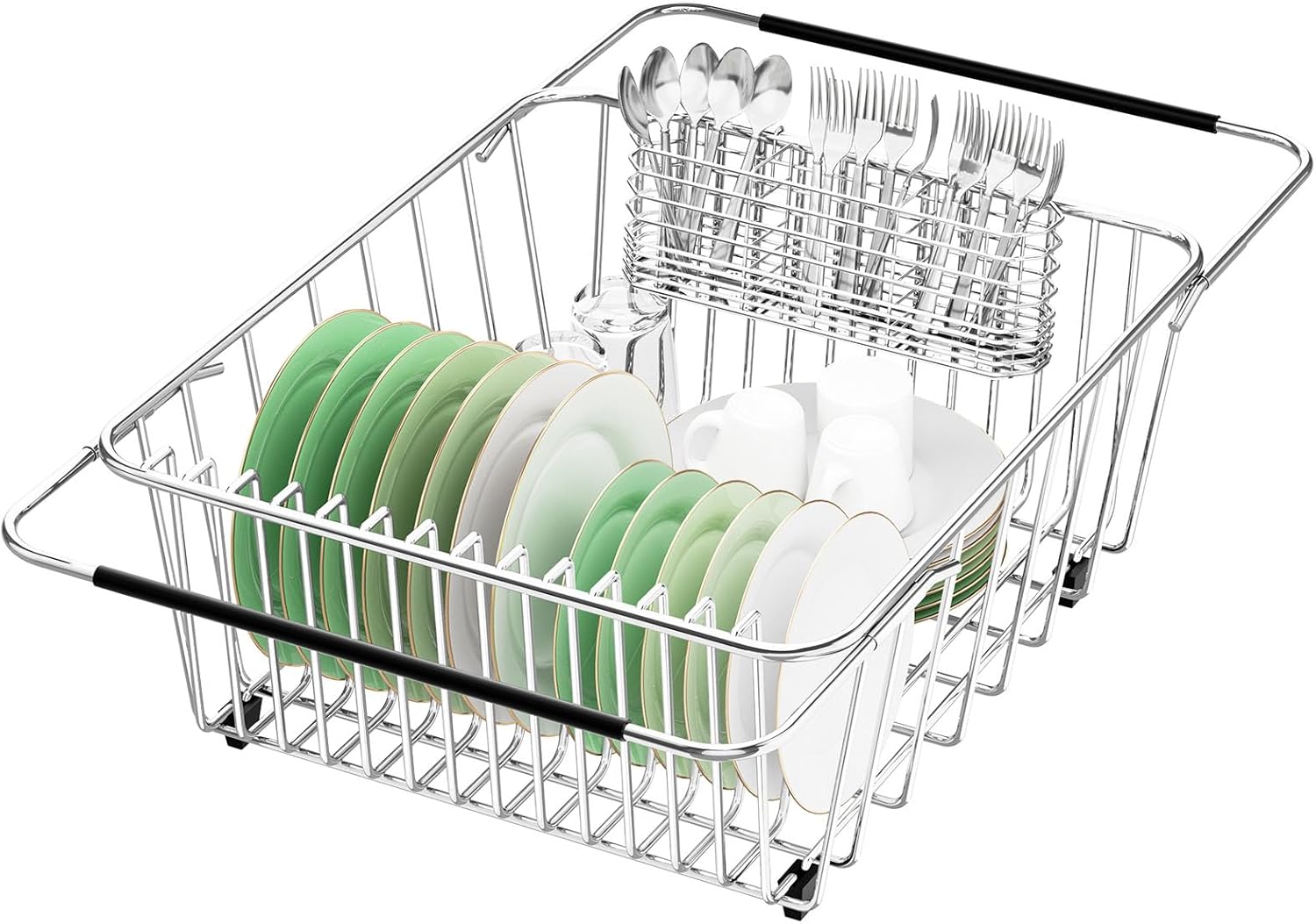 Large Sink Dish Drying Rack, Expandable 304 Stainless Steel Metal Dish Drainer Rack Organizer