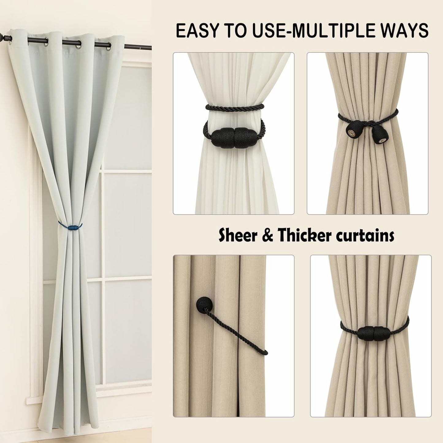 Magnetic Curtain Tiebacks Rope Curtain Tie Backs for Curtains 8 Pack Curtain Holders for Drapes
