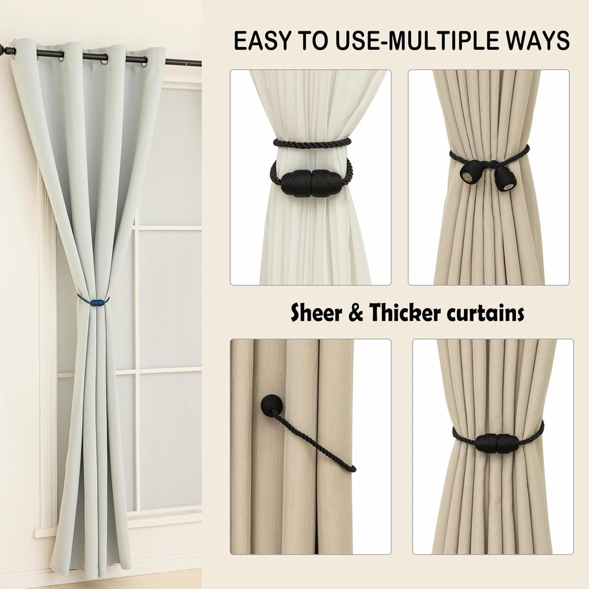Magnetic Curtain Tiebacks Rope Curtain Tie Backs for Curtains 8 Pack Curtain Holders for Drapes
