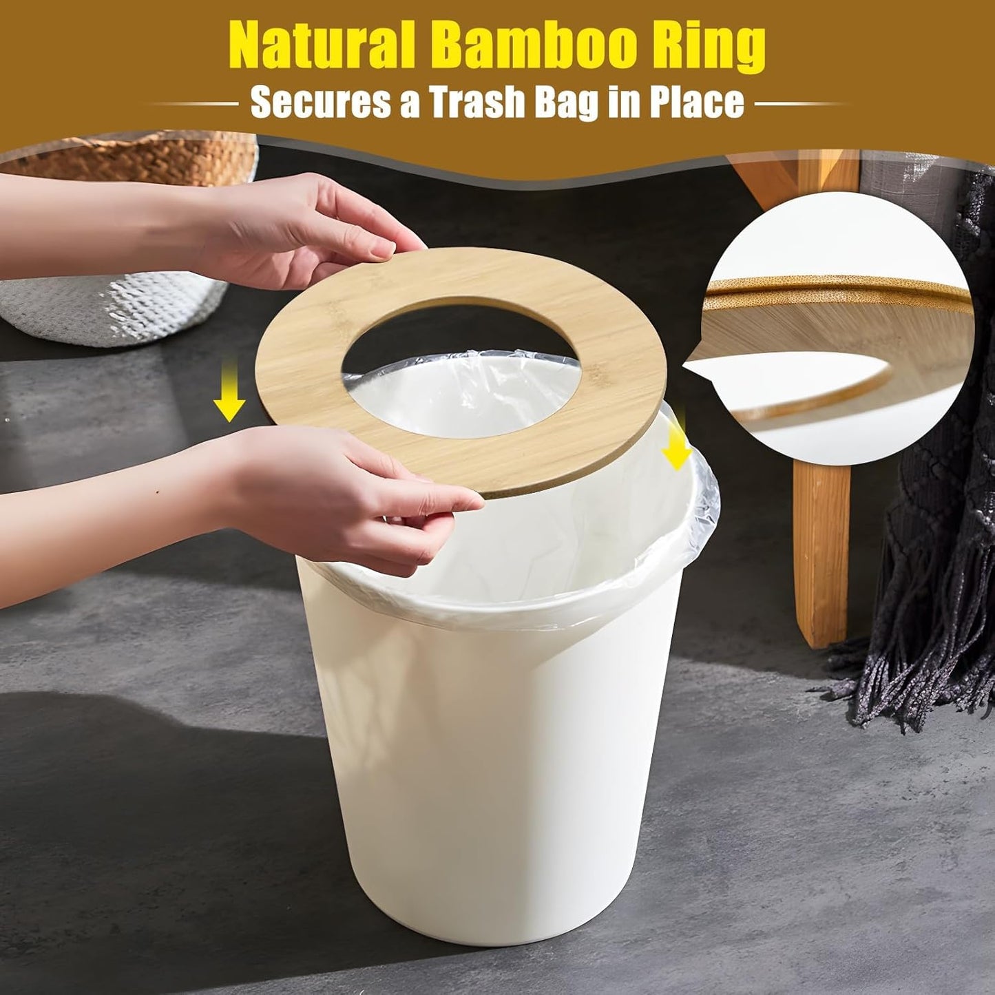 White Trash Can for Bedroom with Bamboo Lid, 2.4 Gallon Open Top Trash Can 3 Pack, Modern Aesthetic