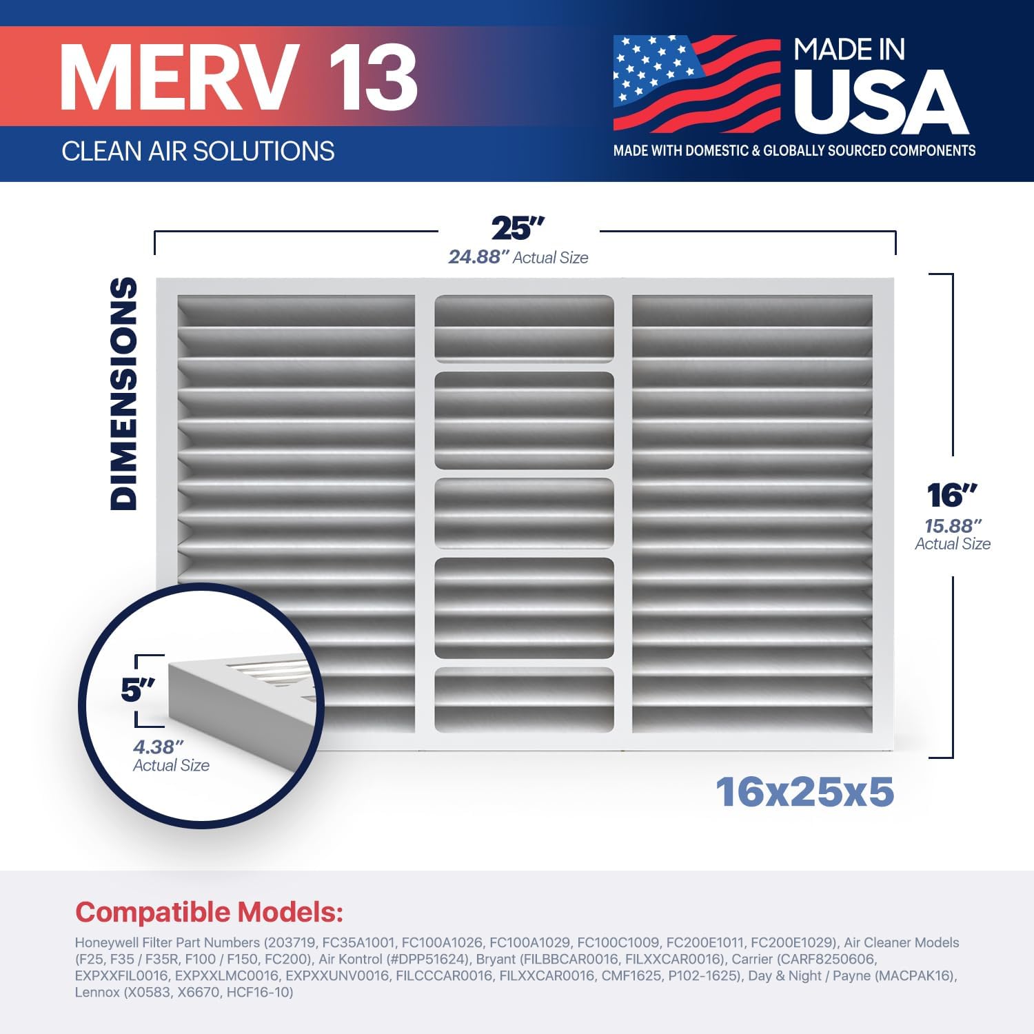 BNX TruFilter 16x25x5 (15.88’’ x 24.88’’ x 4.38‘’ Compatible with Honeywell 4”) MERV 13 Air Filter