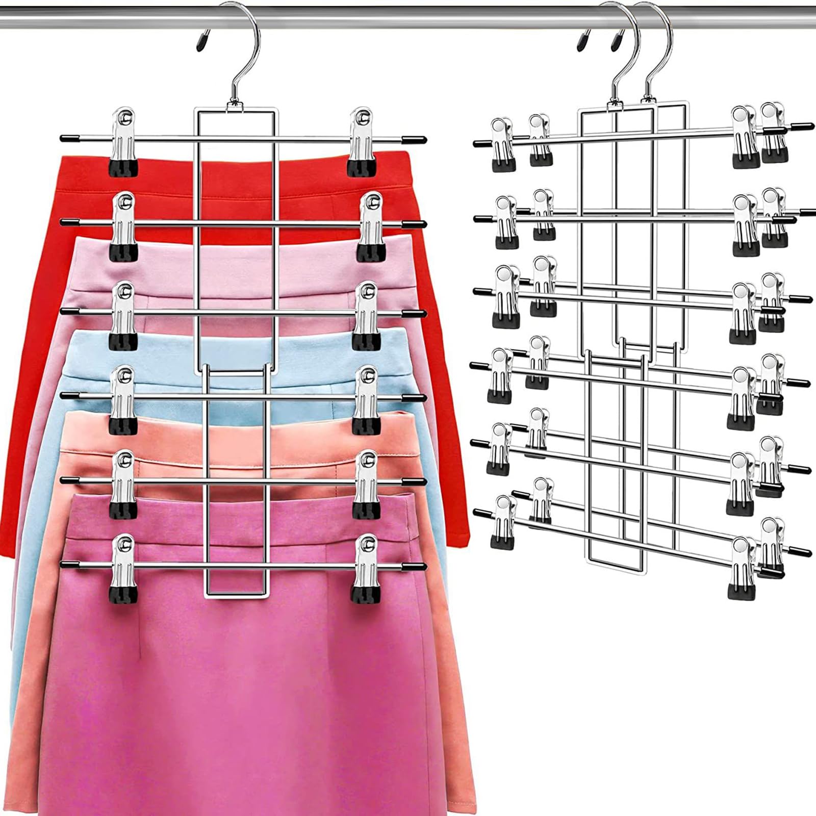 Pants Hangers with Clips,Space Saving Hanging Closet Organizer-6 Tiers Skirt Hangers with 360°
