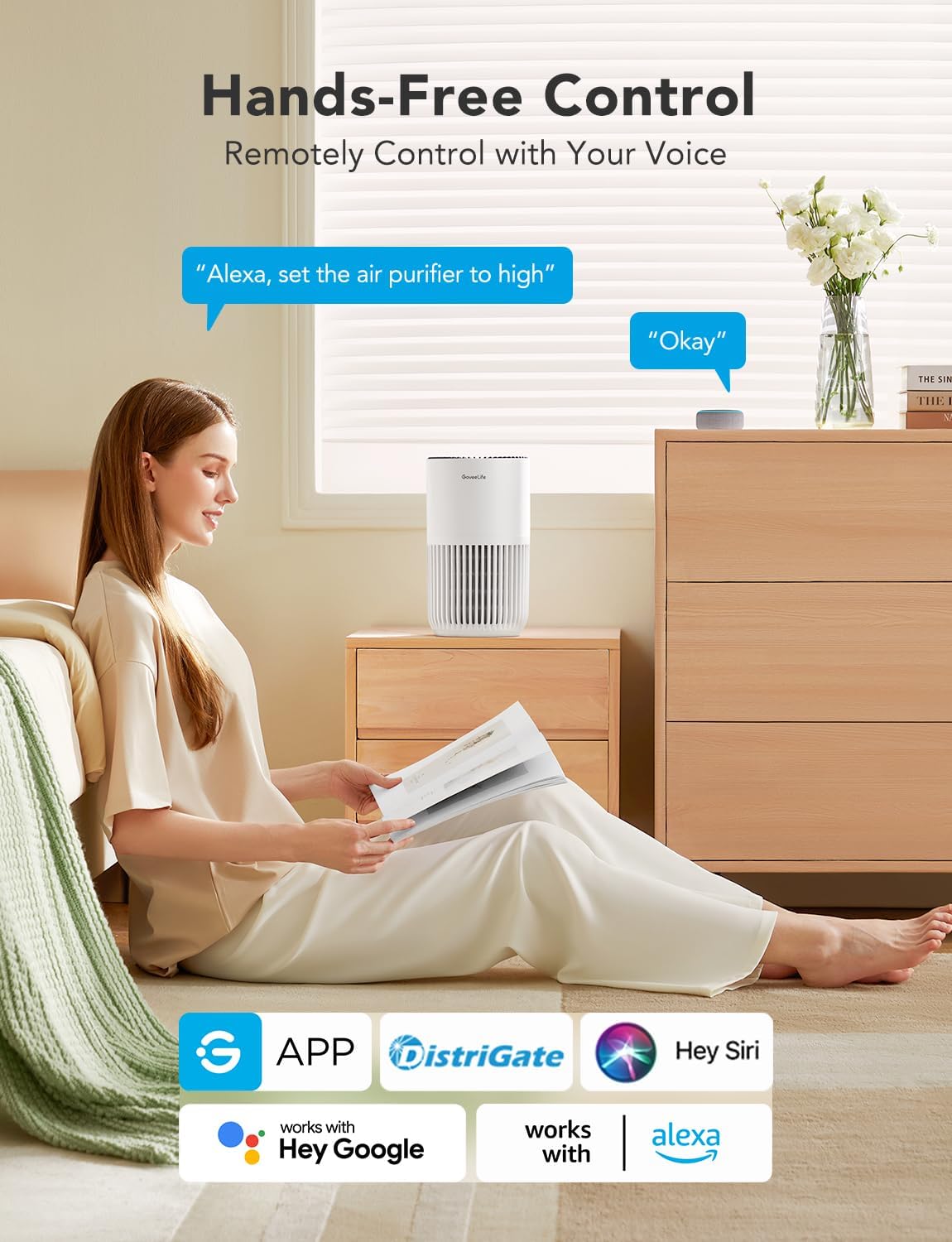 GoveeLife Mini Air Purifier for Bedroom, Smart Filter Air Purifier with App Alexa Control for Pet