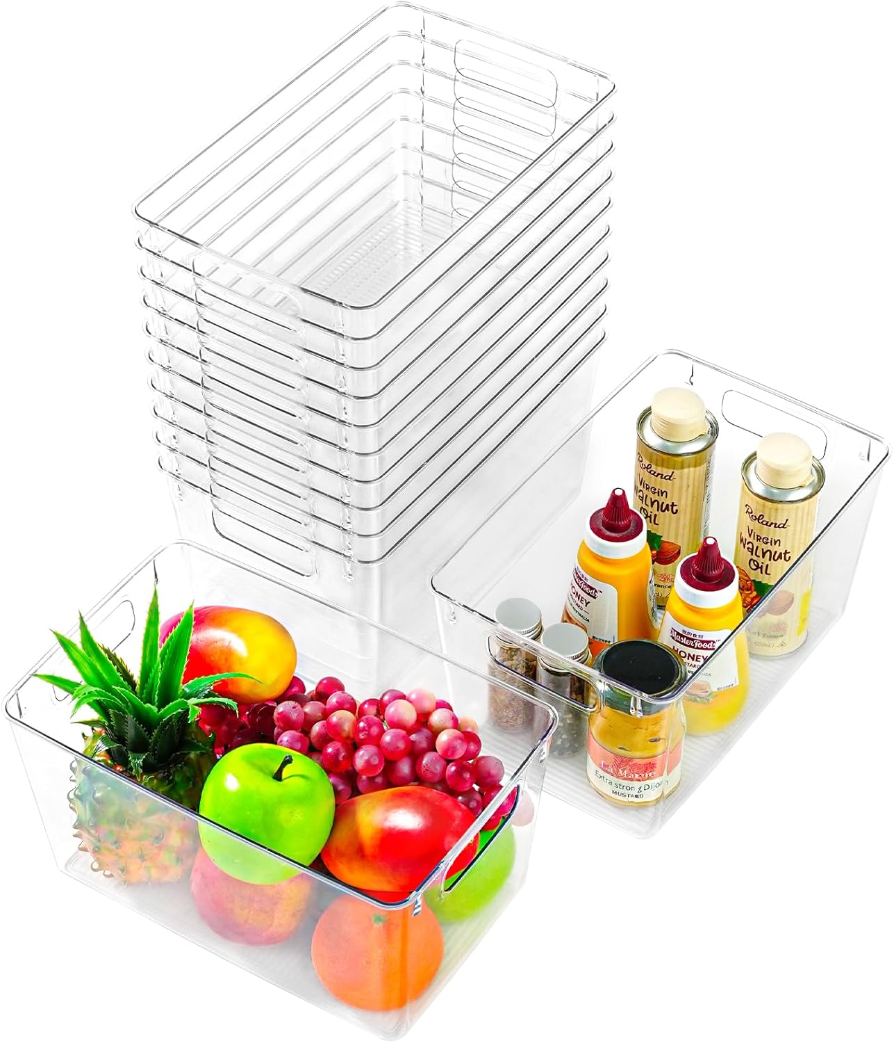 12 Pack Large Clear Plastic Storage Bins,Plastic Containers with Handle for Pantry Organizer and