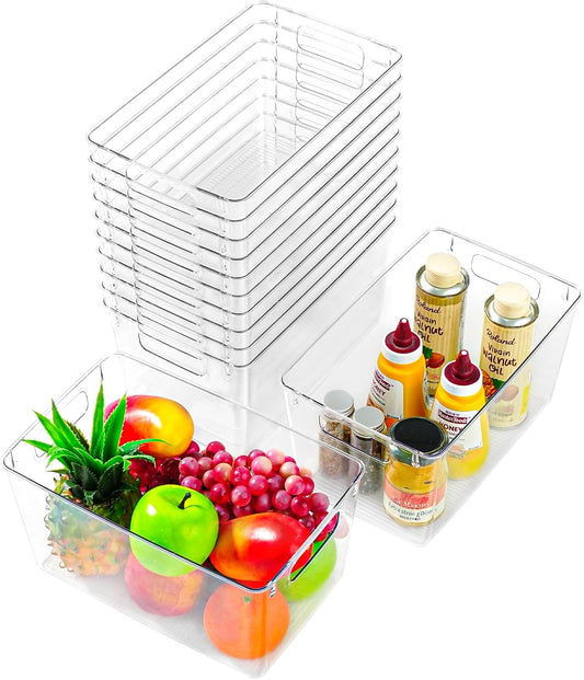 12 Pack Large Clear Plastic Storage Bins,Plastic Containers with Handle for Pantry Organizer and