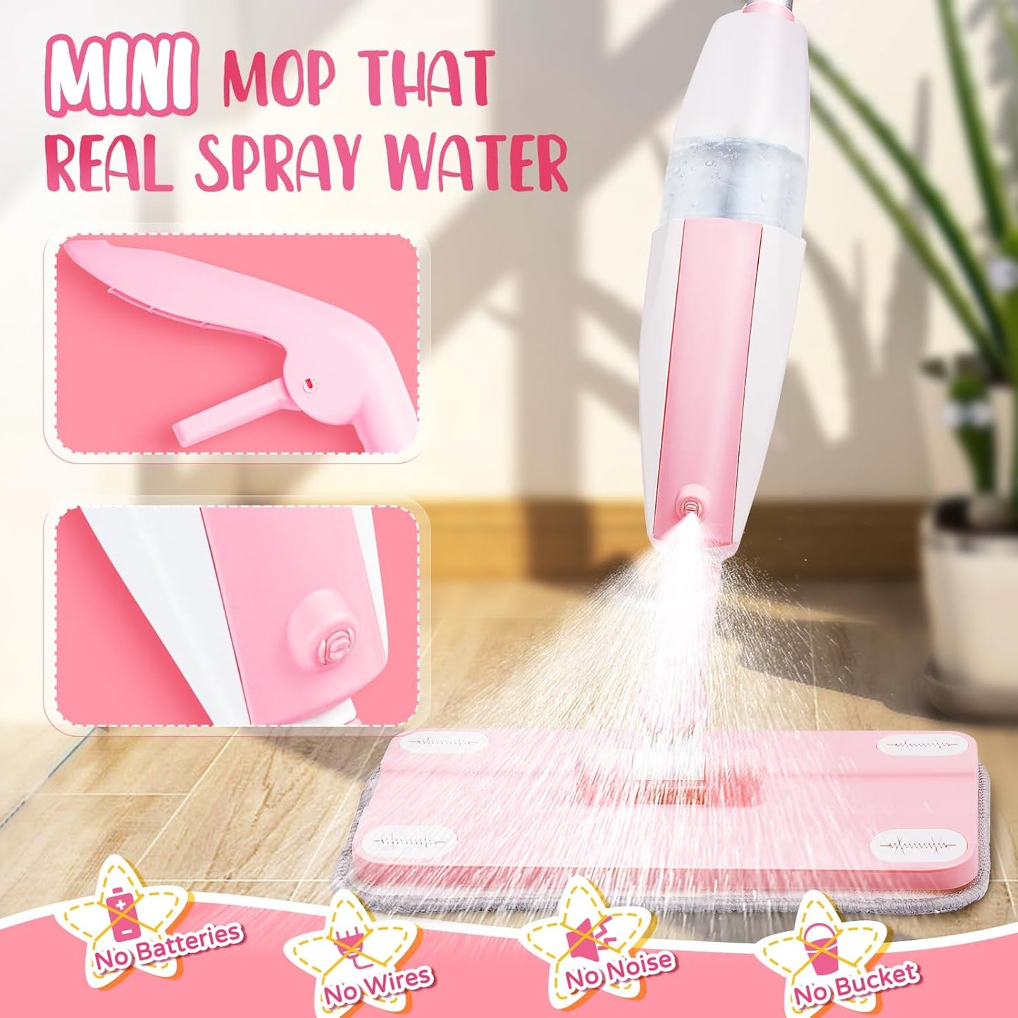 Pink Mini Spray Mop for Toddler-Girls Montessori Cleaning Toy That Real Spray Water,Pretend