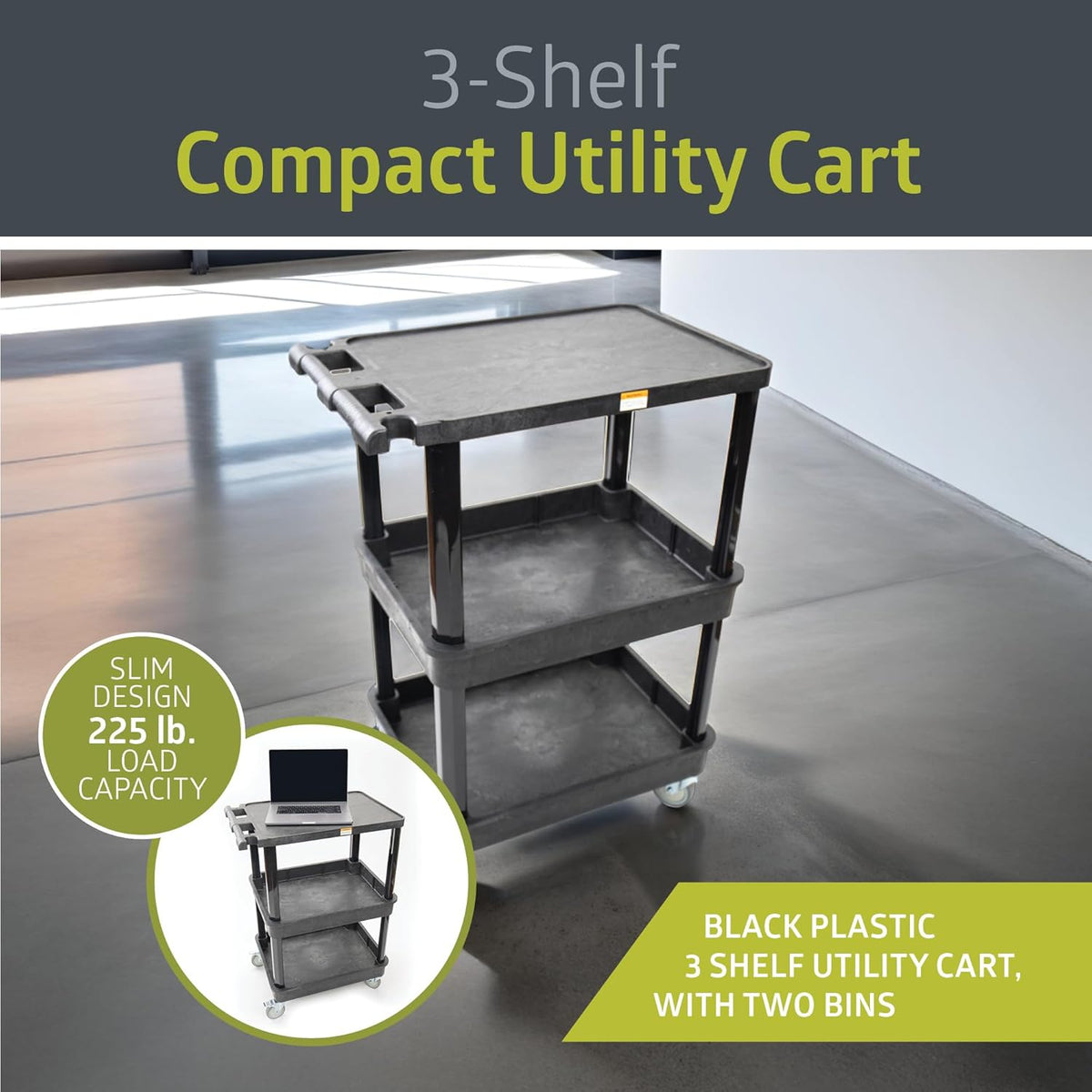 Pearington 3-Shelf Multipurpose Mobile Utility Cart with 2 Bins and Lockable Wheels, Heavy-Duty
