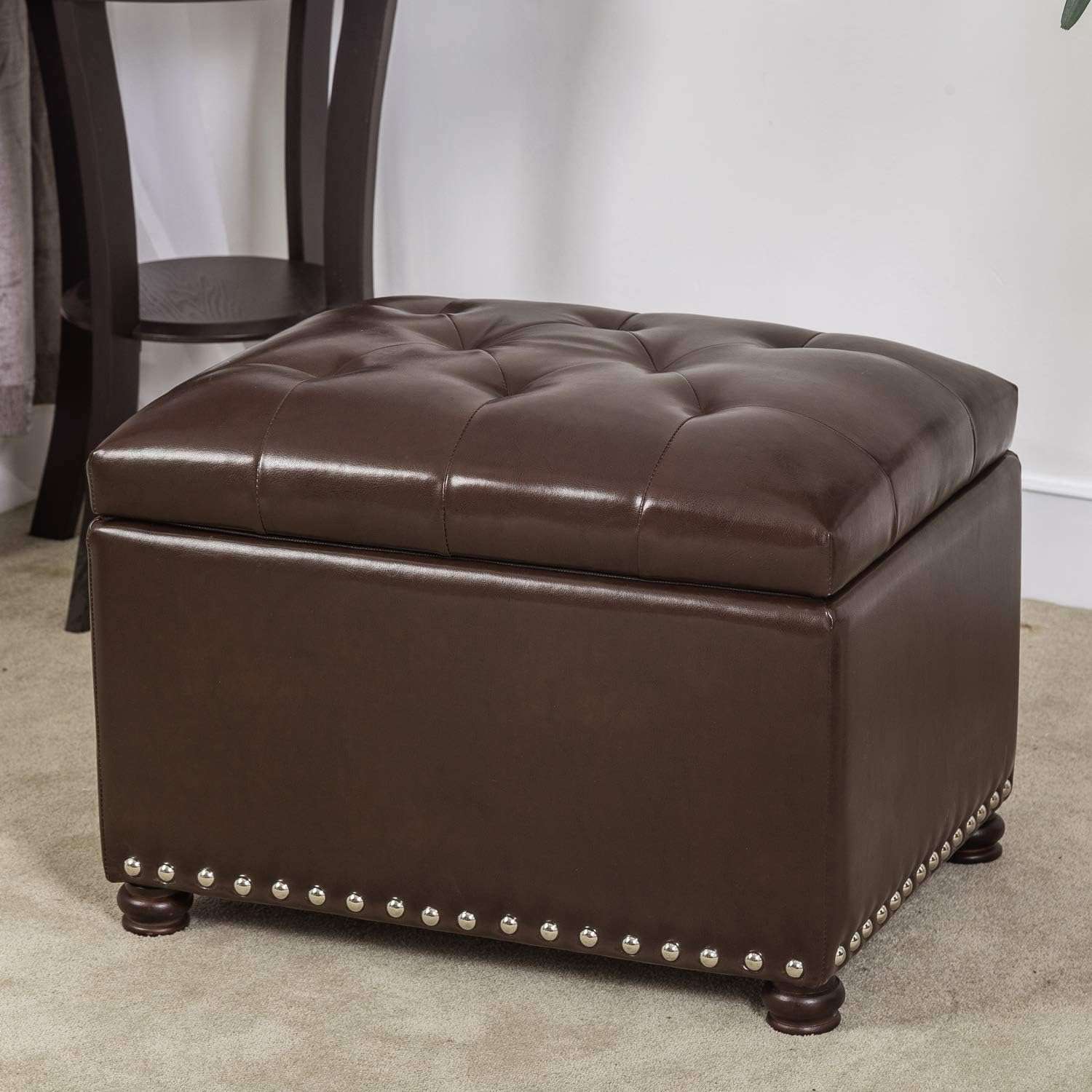 24'' Leather Storage Ottoman Rectangular Foot Rest Stool with Nailhead Trim for Bedroom Living