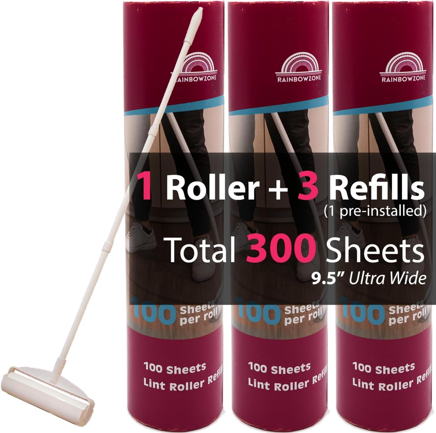 RainbowZone Large Lint Rollers plus 3 Rolls 9.5'' Extra Wide Total 300 sheets Giant Lint Roller