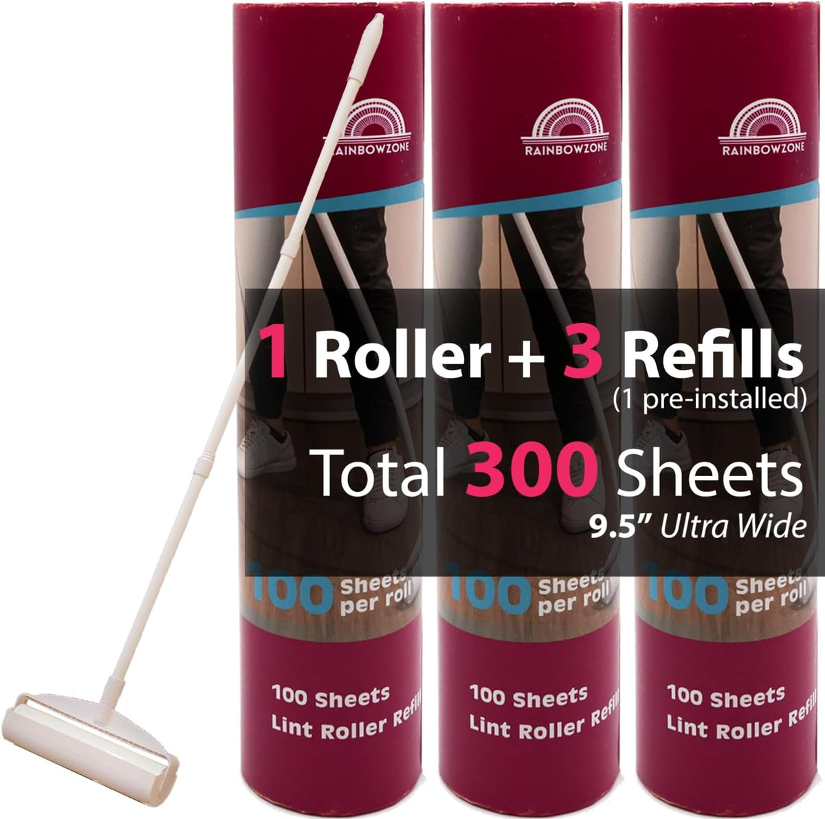 RainbowZone Large Lint Rollers plus 3 Rolls 9.5'' Extra Wide Total 300 sheets Giant Lint Roller