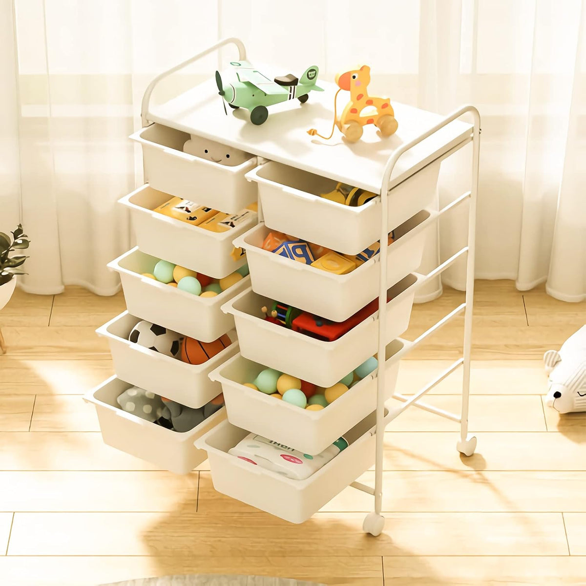 Rolling Cart with 10 Drawers, Plastic Drawer Cart with Metal Frame, Multipurpose Art Craft Cart