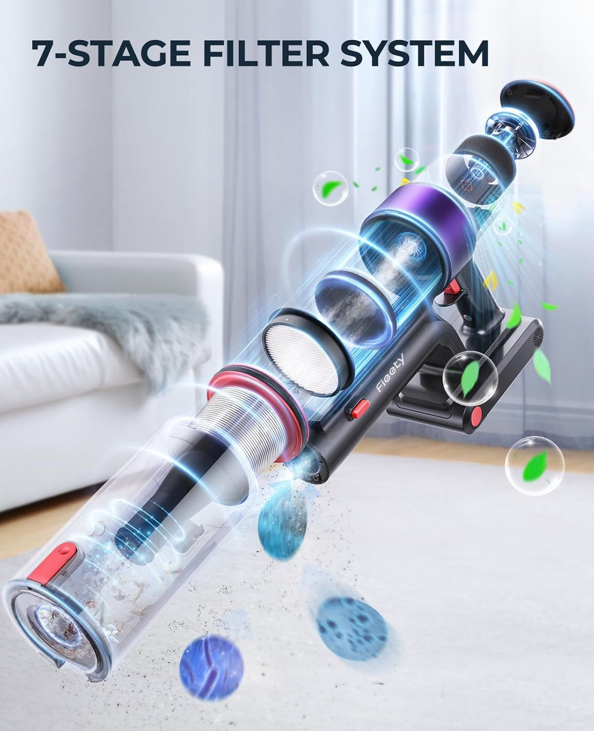 Fieety Cordless Vacuum Cleaner, 550W 45KPA Cordless Stick Vacuum Cleaner with 60Mins Rechargeable