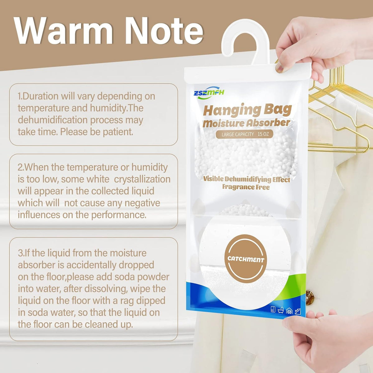 ZSZMFH 8 Pack Moisture Absorber Hanging Bags, Fragrance Free Humidity Packs, 15 OZ Dehumidifier