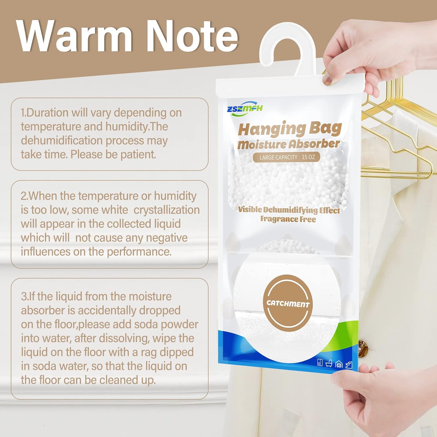 ZSZMFH 8 Pack Moisture Absorber Hanging Bags, Fragrance Free Humidity Packs, 15 OZ Dehumidifier