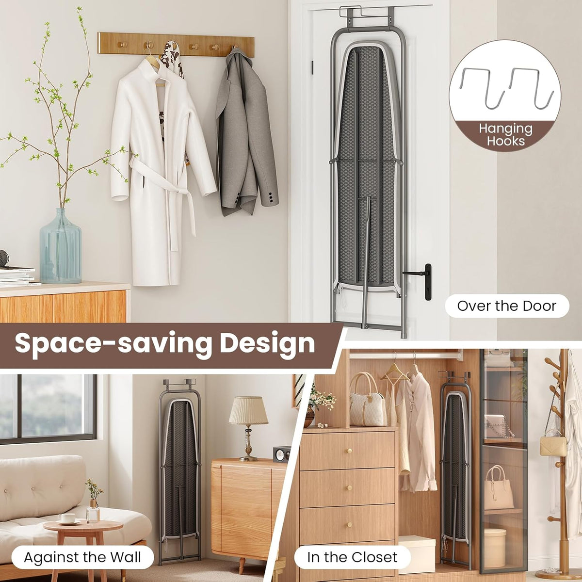 COSTWAY Over The Door Ironing Board, Space-Saving Metal Hanging Ironing Board with Iron Holder &