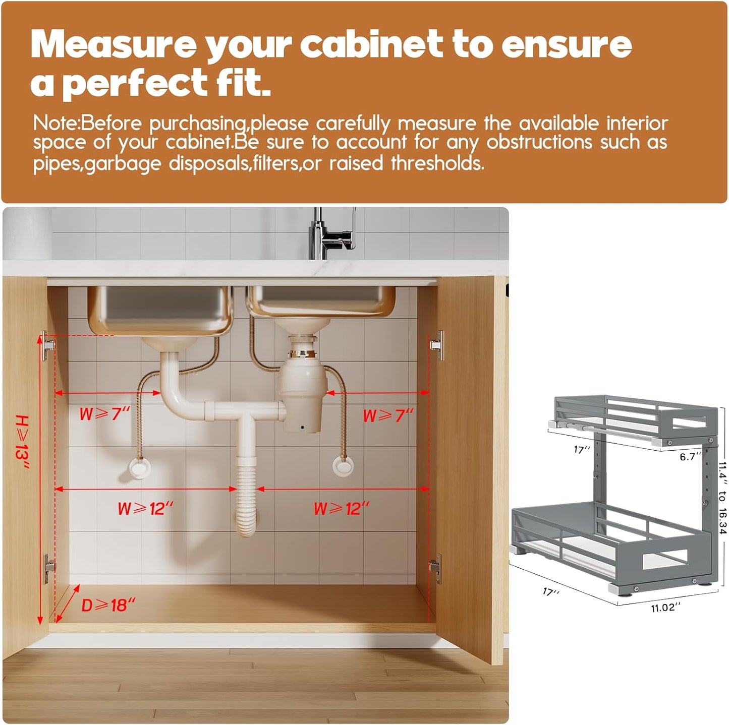 2-Pack 17"Deep Under Sink Organizer And Storage, 2-Tier L-Shaped Pull Out Cabinet Organizer with