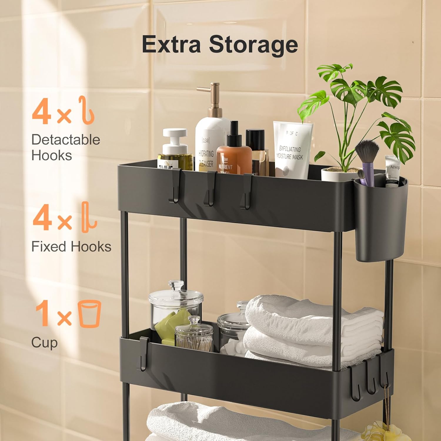Pipishell Slim Storage Cart with Wheels - Bathroom Cart Organizer Storage, 4Tier Rolling Carts for