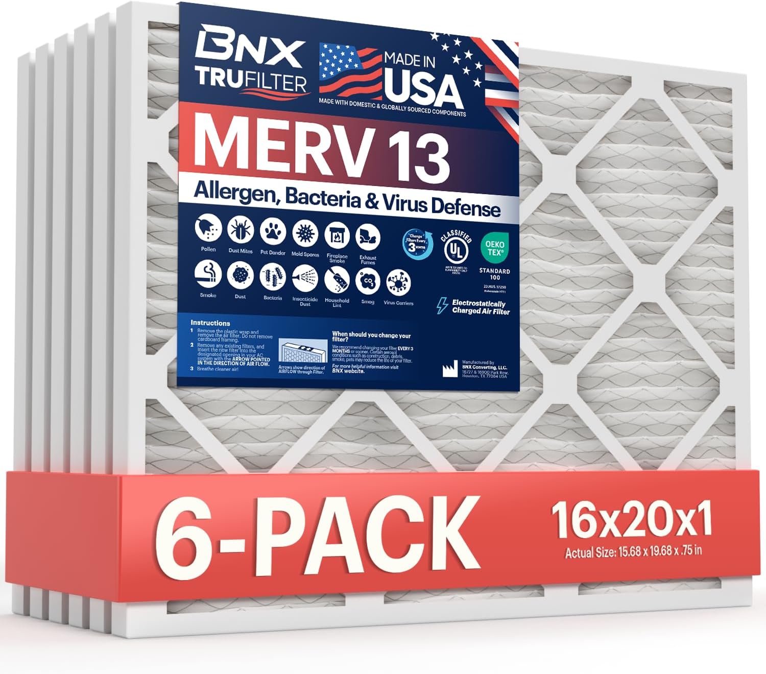 BNX TruFilter 16x20x1 Air Filter MERV 13 (6-Pack) - MADE IN USA - Electrostatic Pleated Air