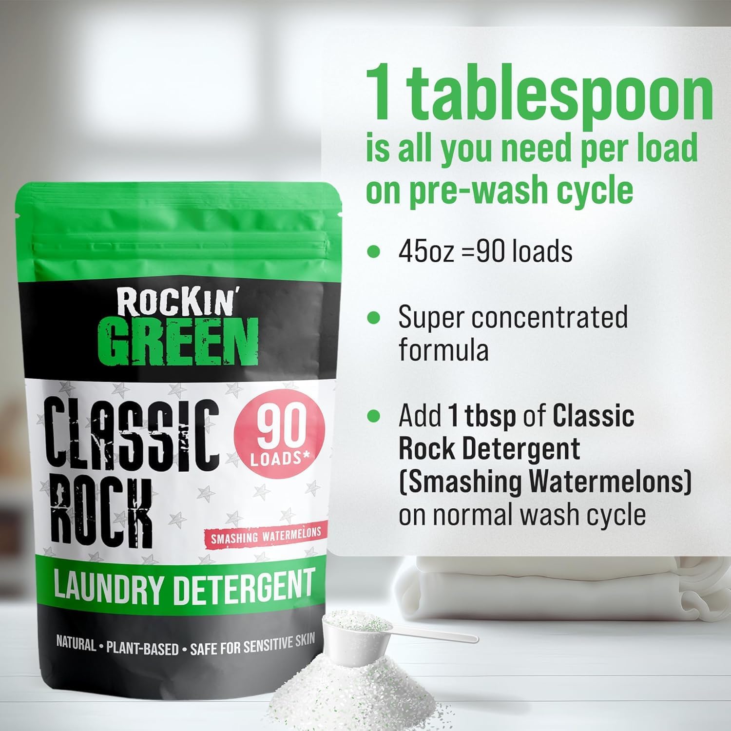 Rockin' Green Classic Rock Laundry Detergent (90 Loads), Plant based, All Natural Laundry Detergent