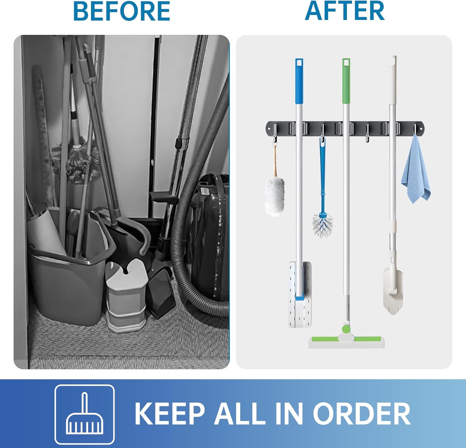 ZONGOOL 2 Pack Mop Broom Holder Wall Mount, Broom Organizer Storage Tool Racks Stainless Steel Self