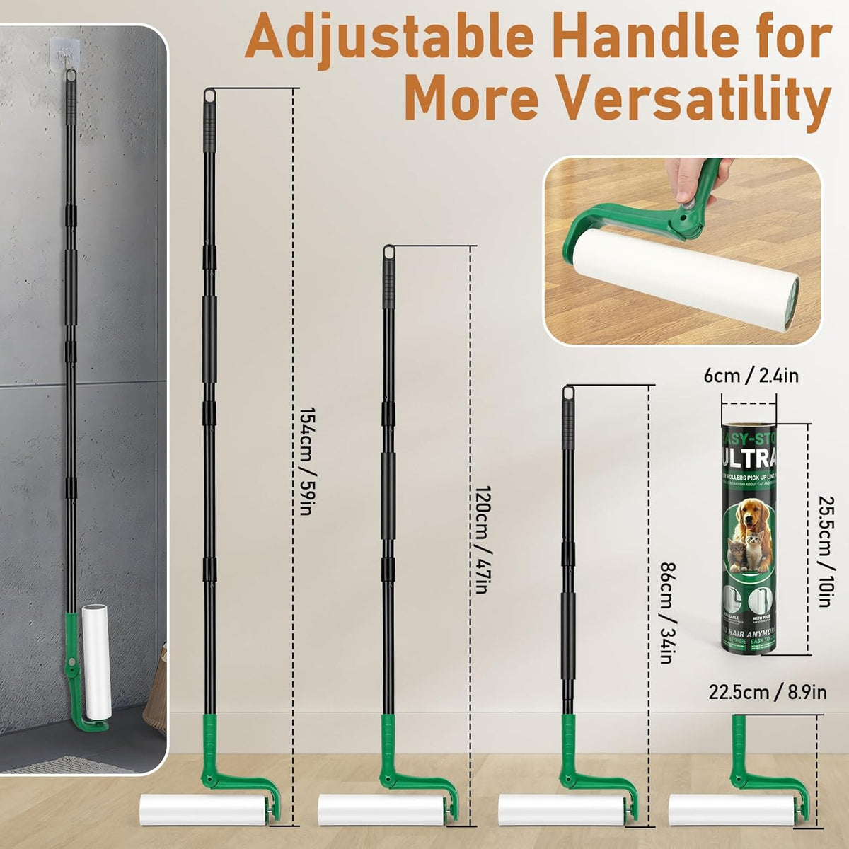 10" Large Lint Roller for Pet Hair Extra Sticky, Long Handle Floor Sticky Rollers with Big Lint