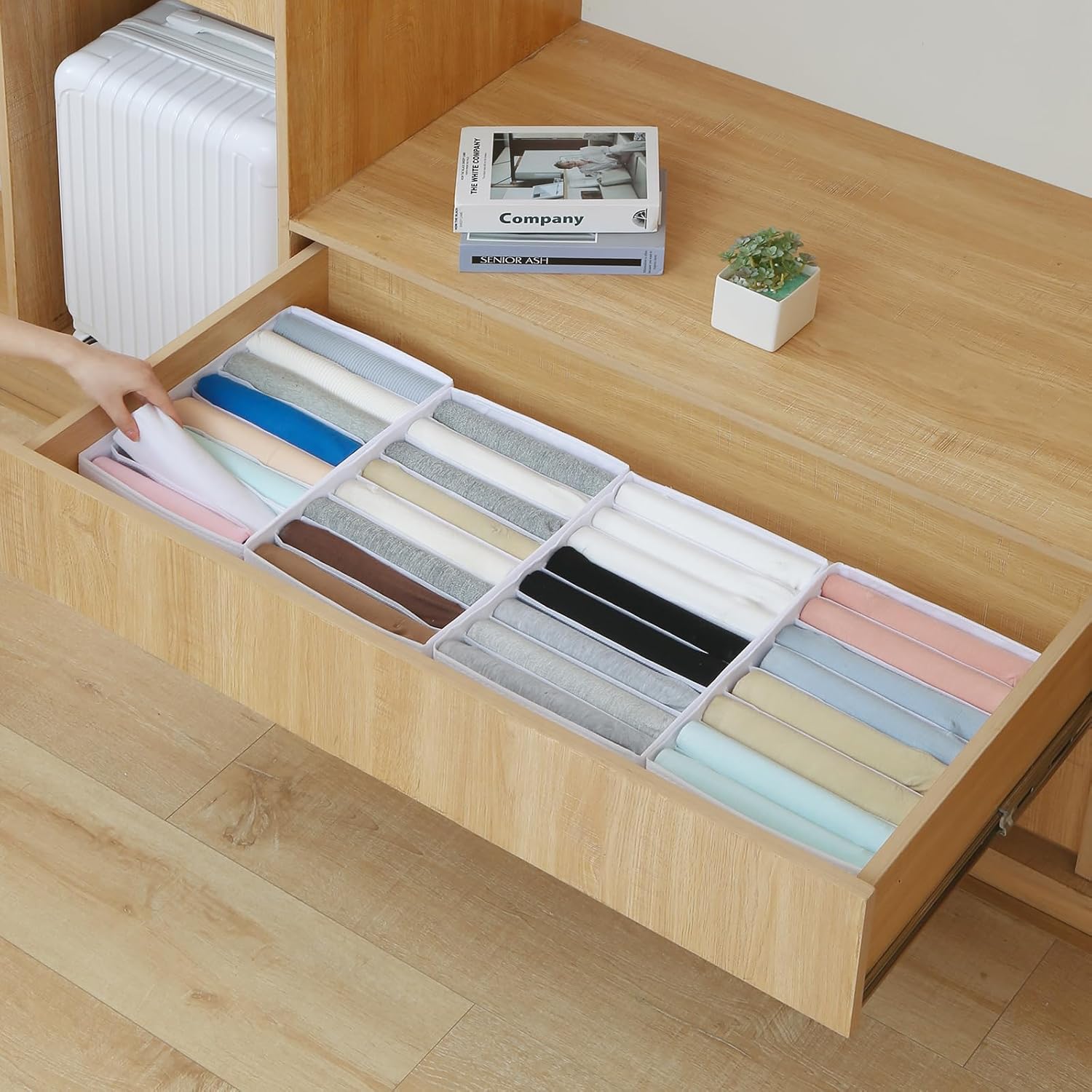 Qozary 4 Pack Drawer Organizers for Clothing, 8 Grids Foldable Closet Organizers and Storage Bins