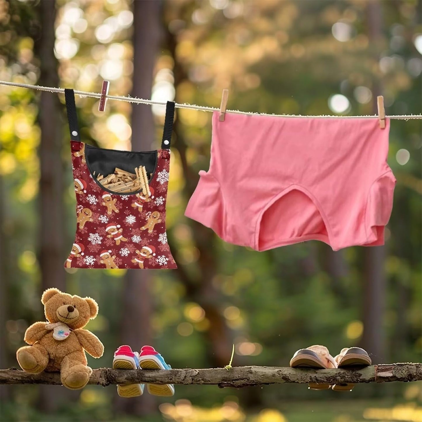 Christmas Gingerbread Man Waterproof Clothespin Organizer - Hanging Hook & Large Opening for Beach