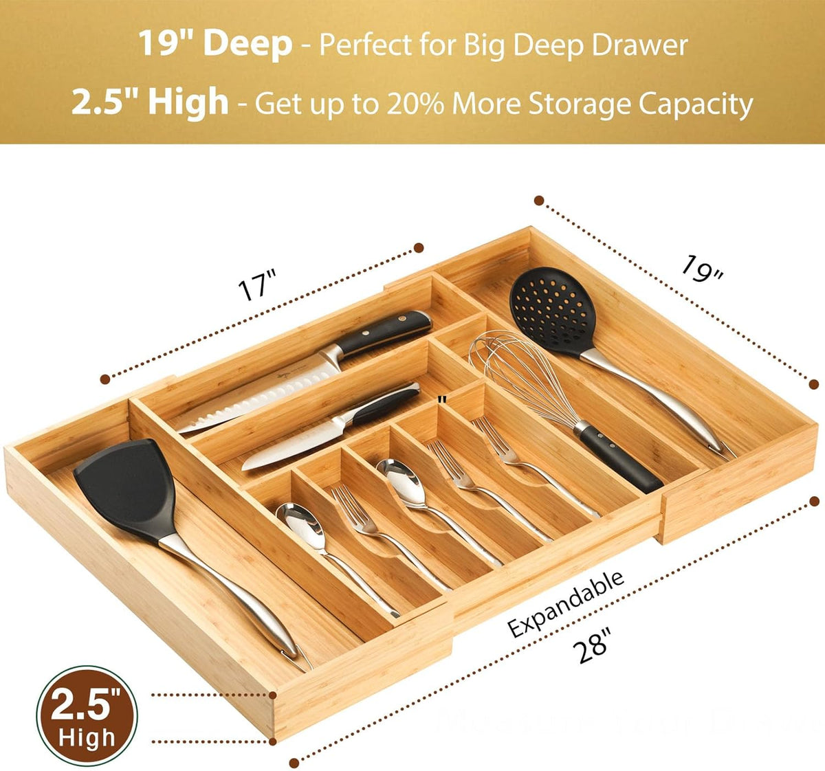 Umilife Extra Large Expandable Kitchen Siverware Utensils Drawer Organizer, 19" Deep for Big