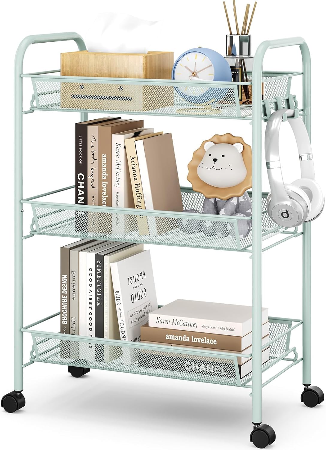 TOOLF 3-Tier Metal Rolling Cart, Mesh Wire Easy Assemble Utility Cart, Storage Trolley on Wheels