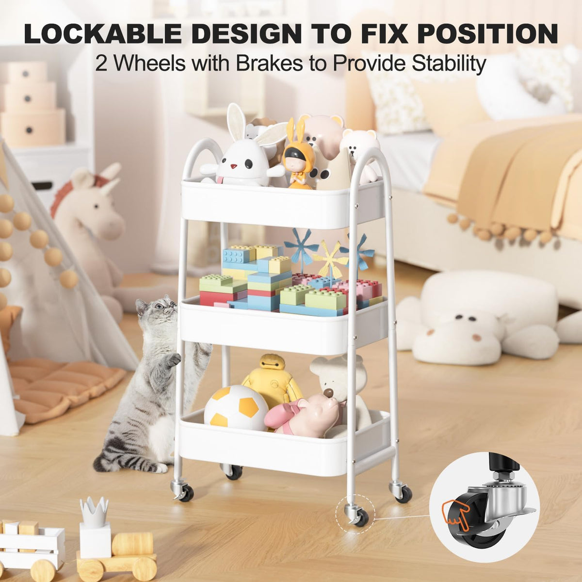 EAGMAK 3 Tier Rolling Cart Under Desk, Large Metal Storage Cart with Handle and Lockable Wheels