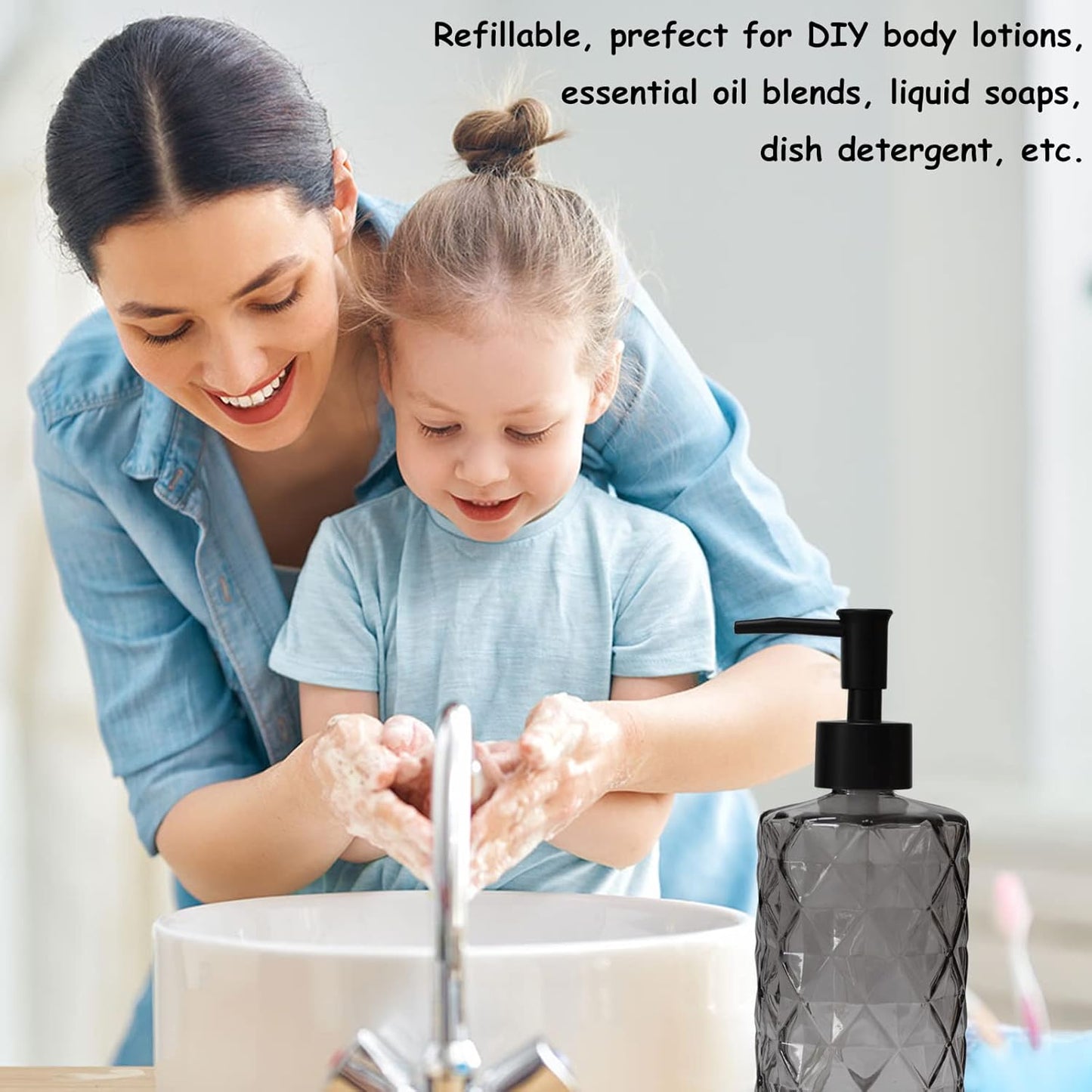 Glass Soap Dispenser with Black Plastic Pump, 12oz Refillable Liquid Hand Soap Dispenser, Crystal