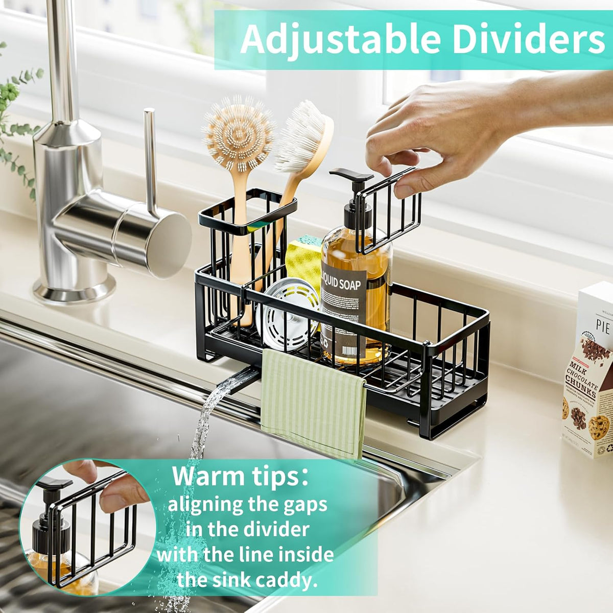 HapiRm Sponge Holder for Kitchen Sink - Self-draining Sink Caddy with Brush and Dishcloth Holders