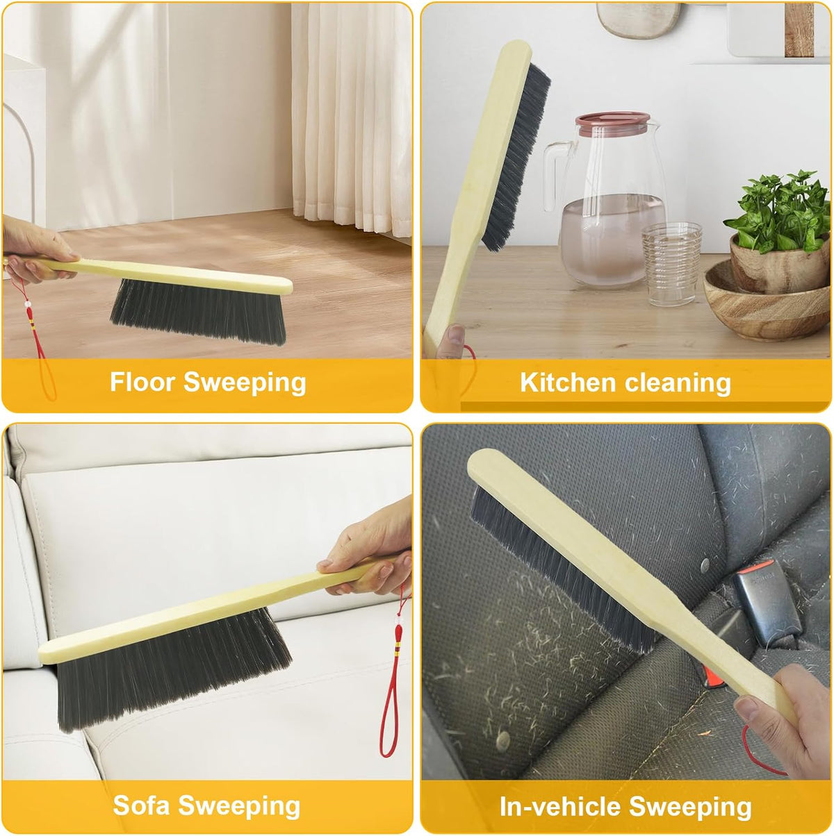 2 Piece Wooden Hand Broom, Dust Brush,Bench Brushes,Soft Bristles, Long Fireplace Brush with Wood