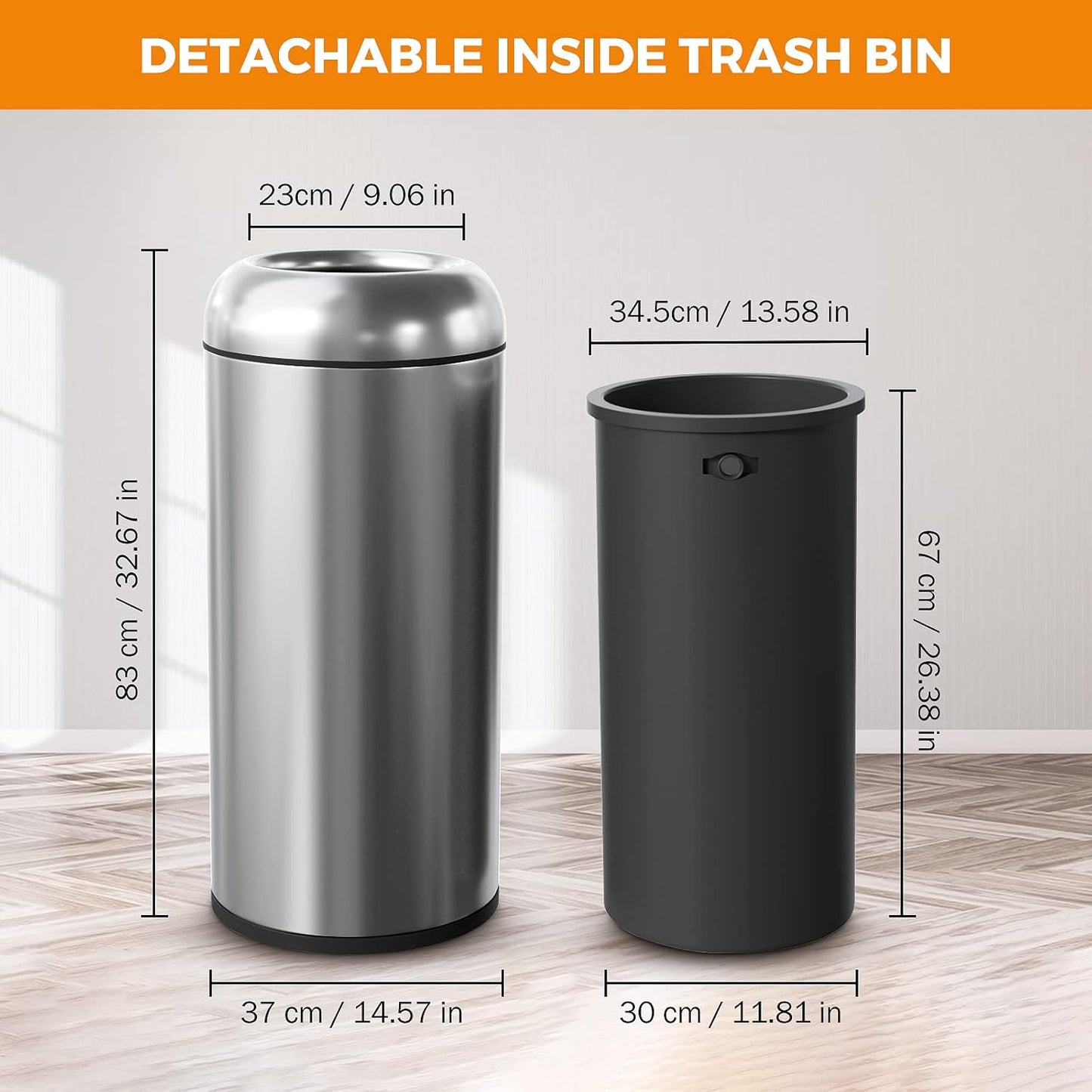 BEAMNOVA 16.5 Gallon Trash Can Black Open Top Outdoor Indoor Commercial Stainless Steel Industrial