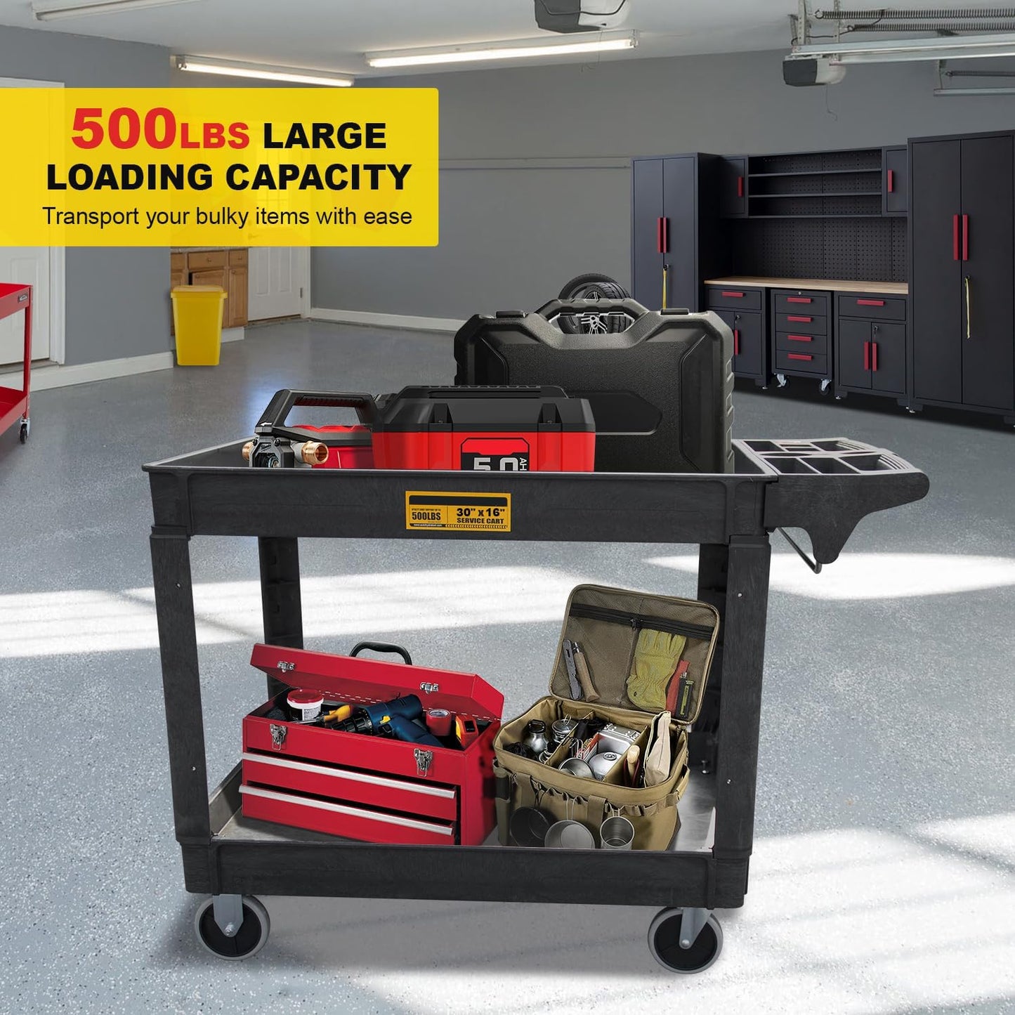 Utility Service Cart, 2-Shelf 500LBS Heavy Duty Plastic Rolling Utility Cart with 360° Swivel