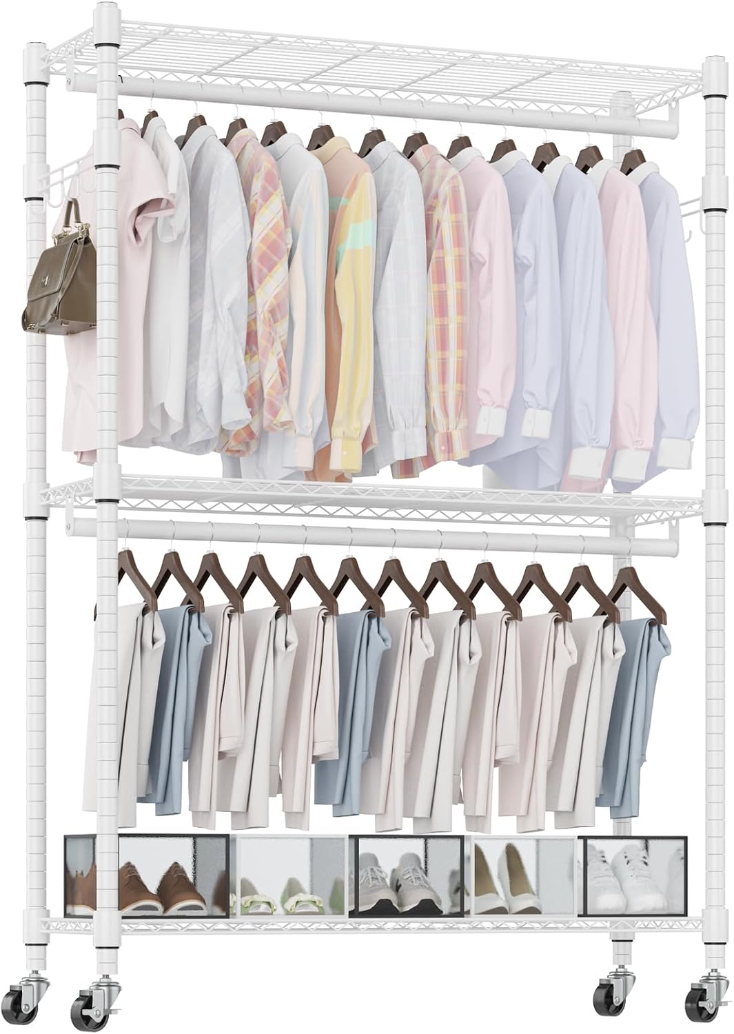 Homdox 3 Tier Heavy Duty Garment Rack with Wheels, Adjustable Wire Clothes Rack with Double Hanging